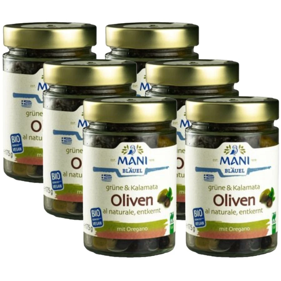 Bio Grüne & Kalamata Oliven Al Naturale, Entkernt, Ganzer Karton 6 Stück 1 Bio Grüne & Kalamata Oliven Al Naturale, Entkernt, Ganzer Karton 6 Stück